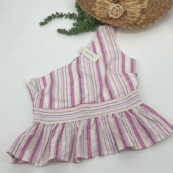 New Francesca's Slone‎ One Shoulder Stripe Peplum Linen Blend Top Small - Picture 4 of 15